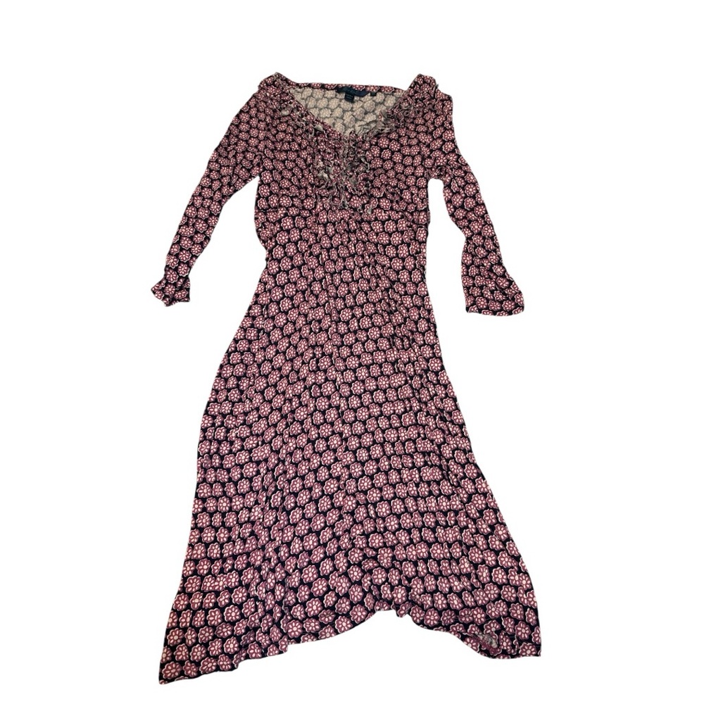 Boden Women’s Knit Dress VNeck Rufffle Navy with Pink Floral Print A Line 12 EUC
